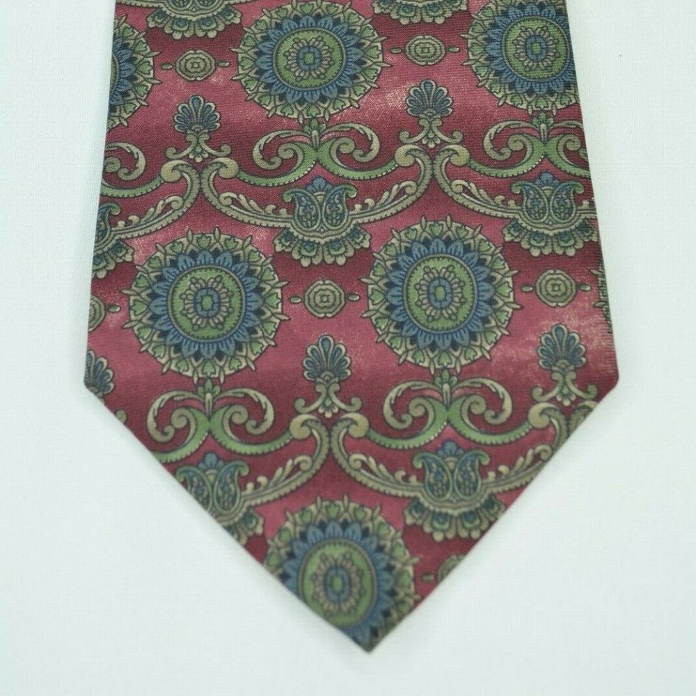 ETIENNE AIGNER Mens 100% Silk Tie Burgundy Blue Medallion Scroll Design‎ Necktie